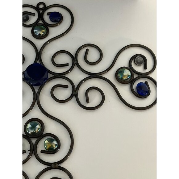 Vintage Wrought Iron Wall Cross Candle Holder – 16” x 14” with Blue & Iridescent - Picture 3 of 4